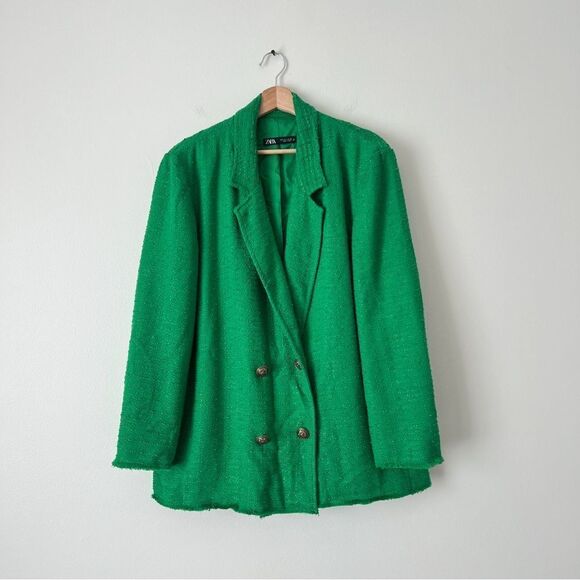 Zara Tweed Oversized Blazer Textured Double Breasted Size Large in Green Blogger - Picture 3 of 11